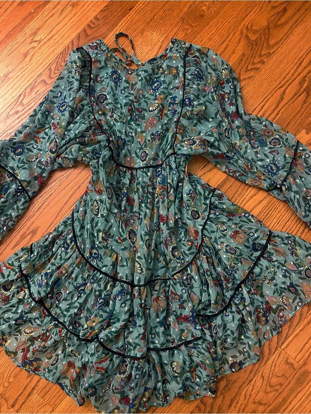 Free People Teal Floral Tiered Boho Tunic Dress